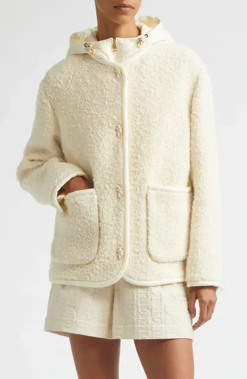 Hylesine Hooded Wool & Cotton Blend Bouclé Coat by Moncler