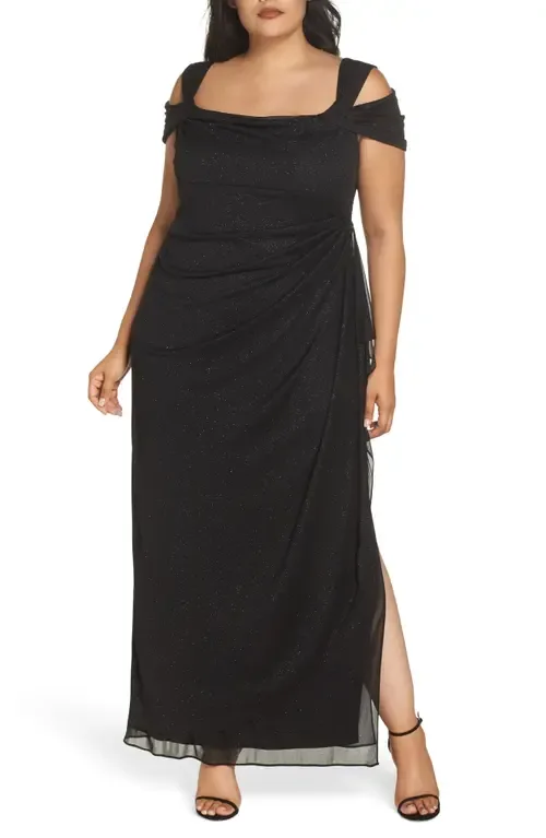 Cold Shoulder Glitter Column Gown by Alex Evenings