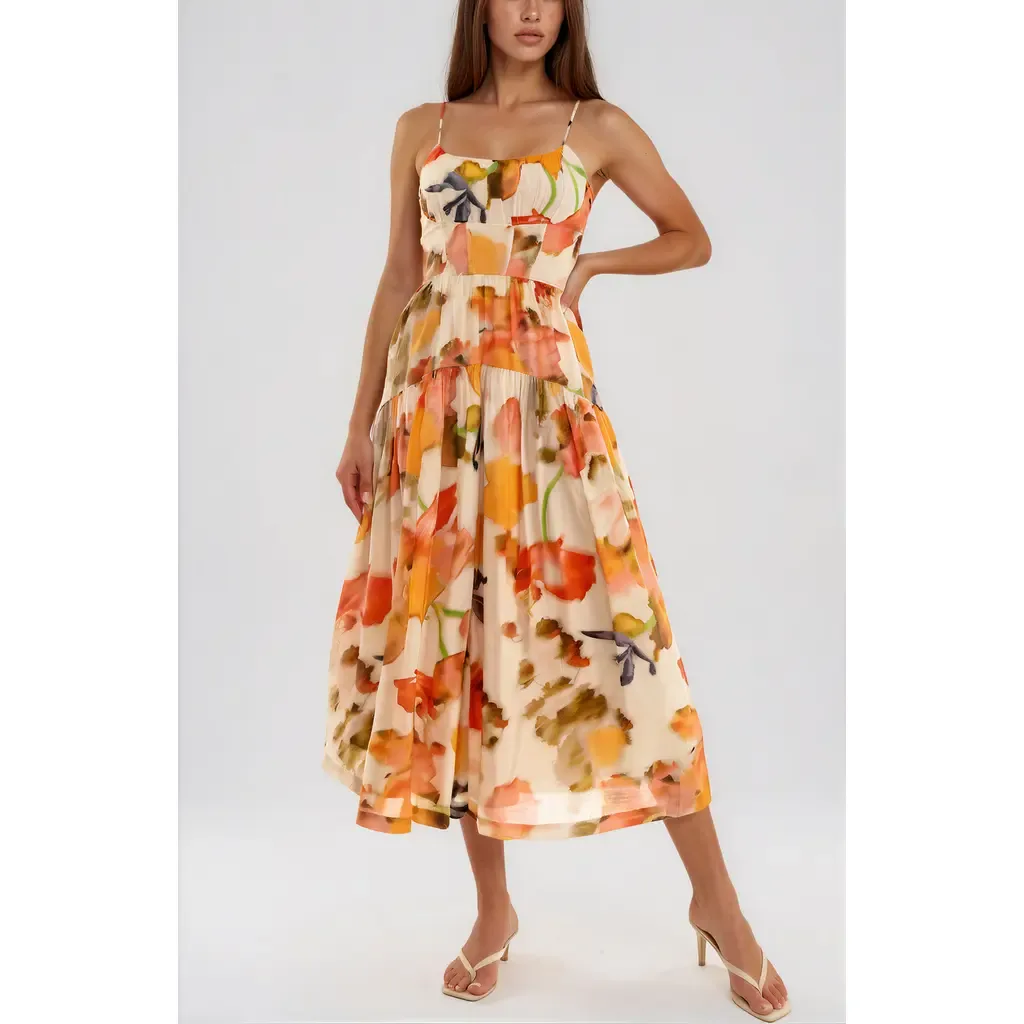 Floral Ruched Bodice Midi Dress by Socialite