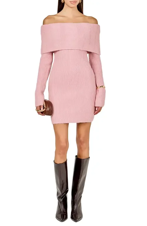 Off the Shoulder Long Sleeve Cable Stitch Sweater Dress with Tie by Endless Rose