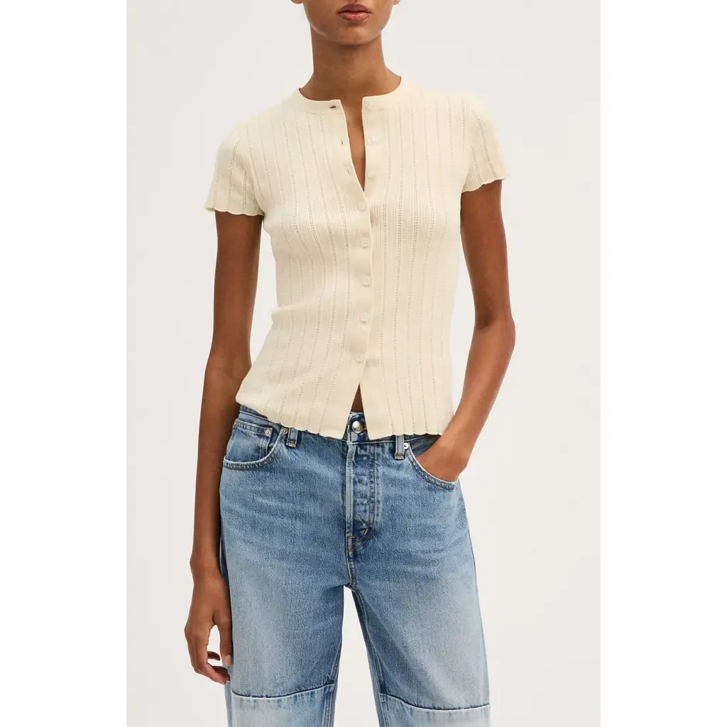 Cotton Blend Pointelle Short Sleeve Cardigan - Canvas by Madewell