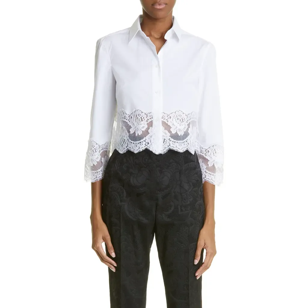 Button Up Floral Lace Crop Button-Up Shirt by Dolce&Gabbana