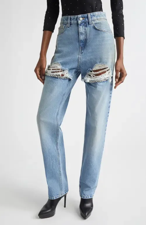 Crystal Slit Frayed Straight Leg Jeans by Area