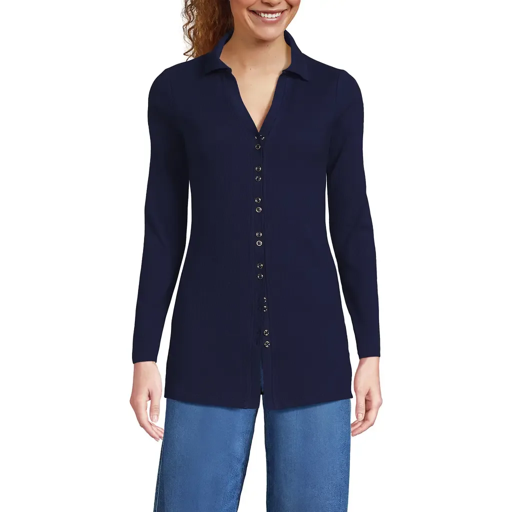 Long Sleeve Polished Rib Button Through Tunic Shirt by Lands' End