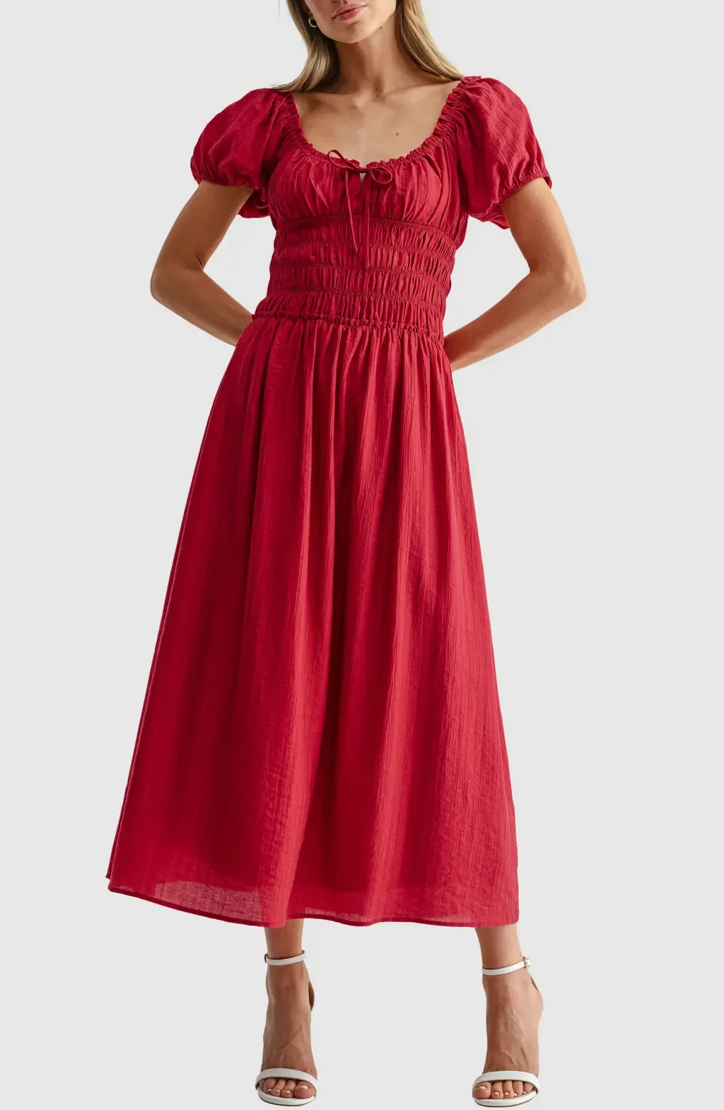 Puff Sleeve Shirred Midi Dress
