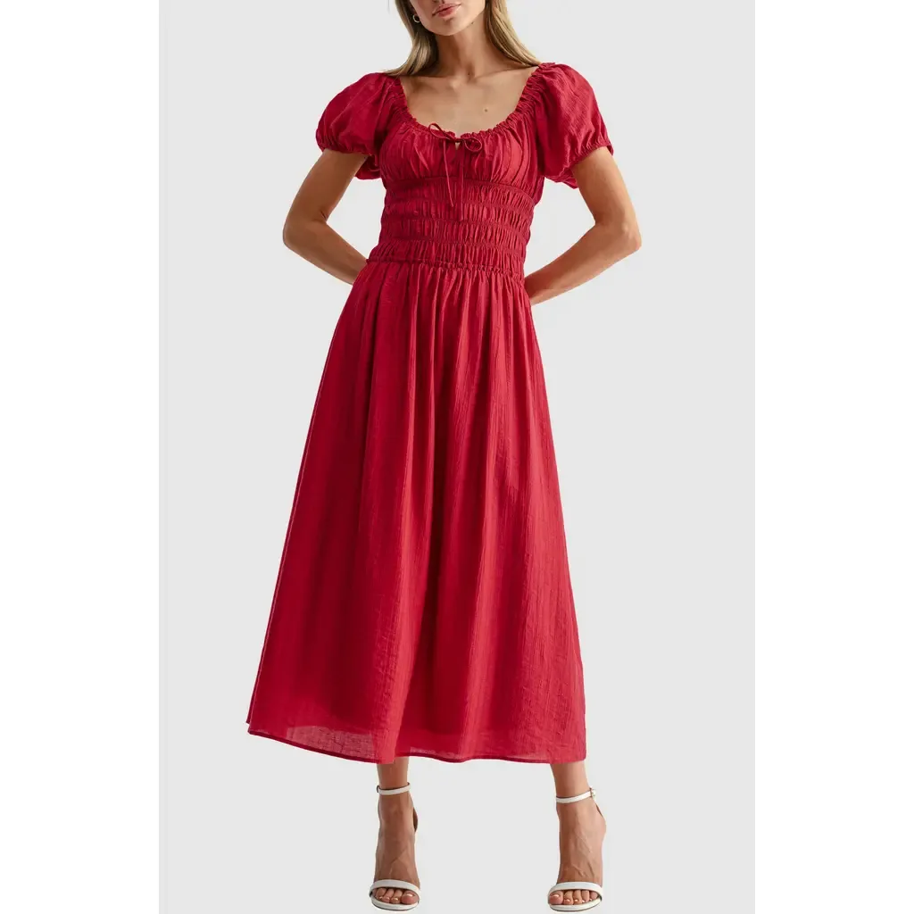 Puff Sleeve Shirred Midi Dress