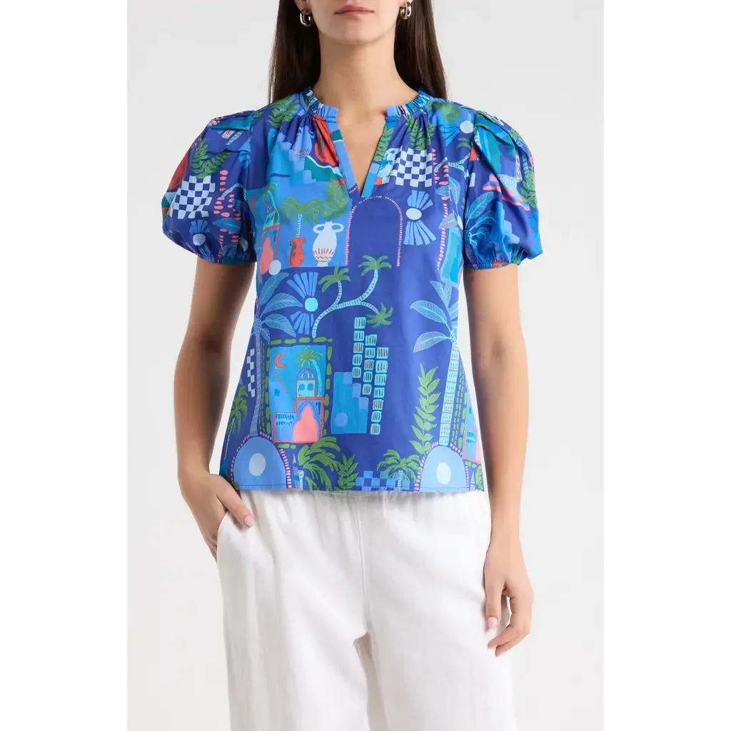 Punta Alta Berisa Split Neck Puff Sleeve Cotton Top by SUGARLIPS