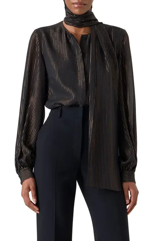 Metallic Stripe Silk Georgette Scarf Button-Up Shirt by Akris