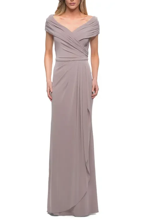 Ruched Jersey Long Gown with V-Neckline by La Femme