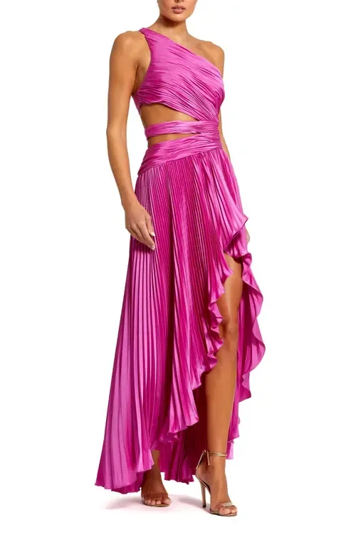 One Shoulder Pleated Charmeuse Gown with Slit by Mac Duggal