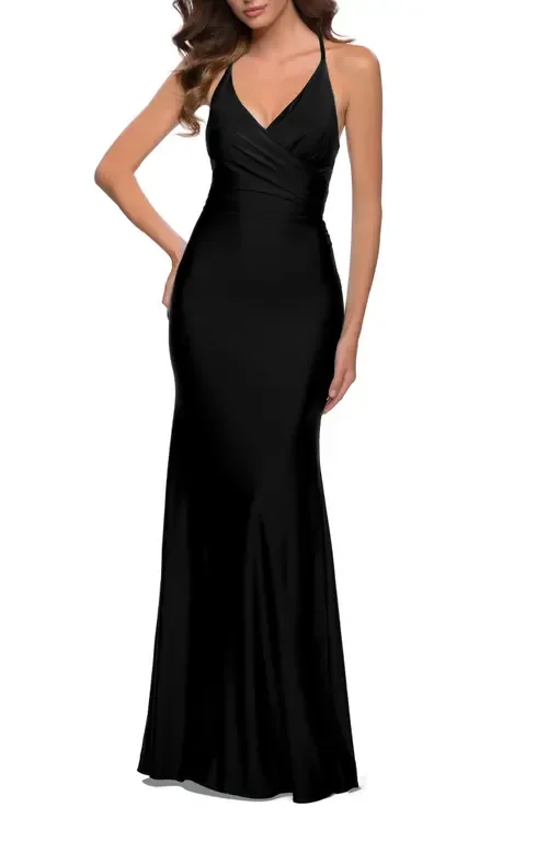 Fitted Long Jersey Gown with Criss Cross Bodice by La Femme