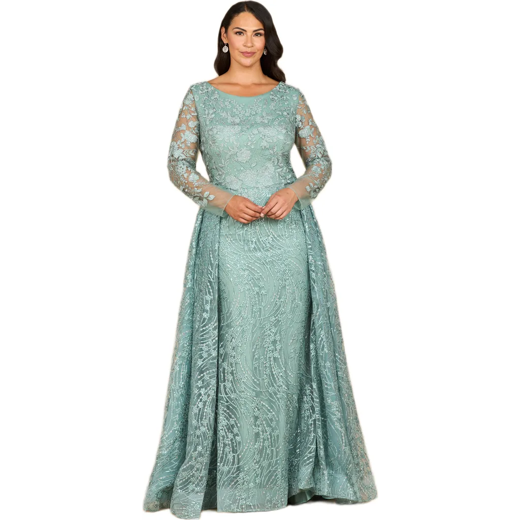 Long Sleeve Gown with Overskirt & Illusion Neckline