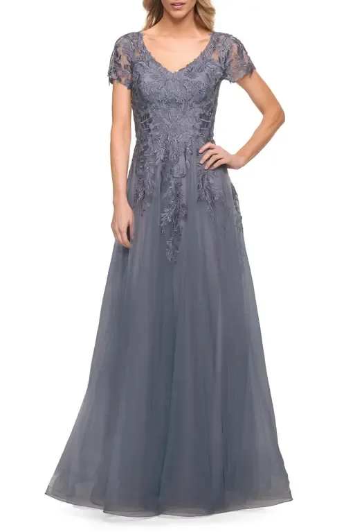Lace and Tulle A-Line Evening Gown with Cap Sleeve