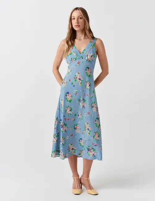 Elise Floral Pintuck Crepe Midi Dress