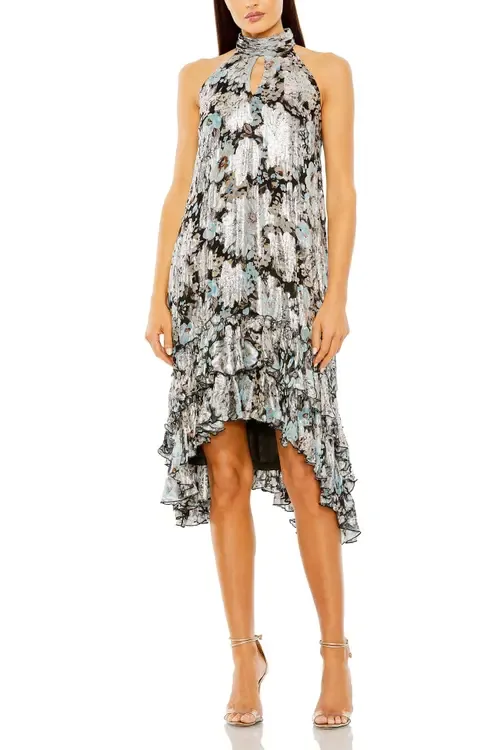 High Neck Floral Ruffle A-Line Mini Dress by Mac Duggal