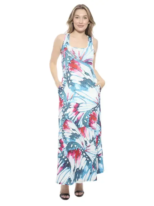 Butterfly Sleeveless Scoop Neck A-Line Pocket Maxi Dress by 24seven Comfort Apparel