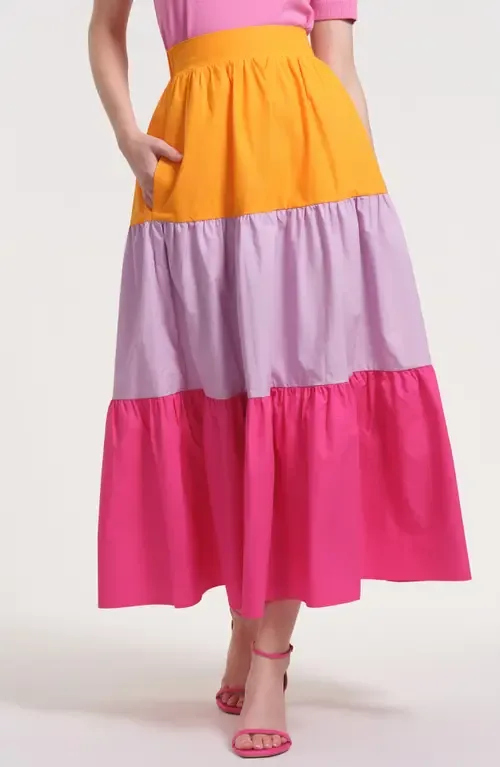 Tiered Stripe Cotton Midi Skirt