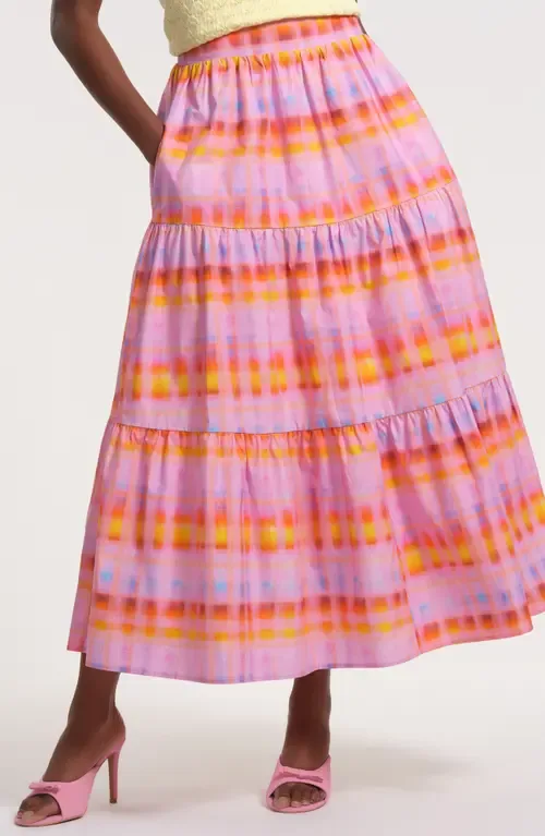 Tiered Stripe Cotton Midi Skirt