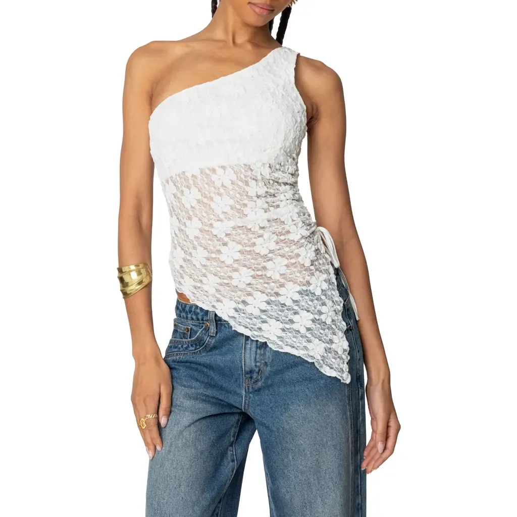 Sheer Lace One-Shoulder Asymmetric Top by EDIKTED