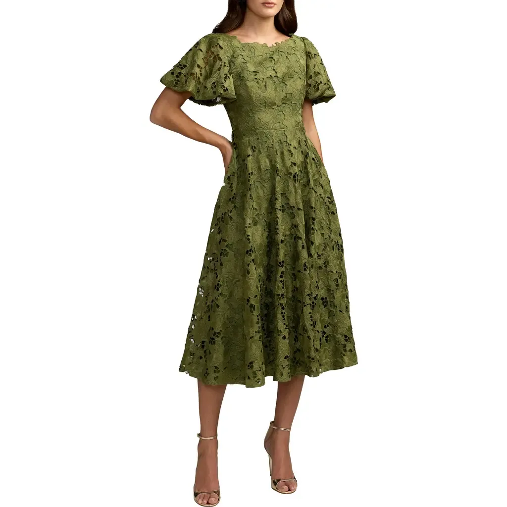 Floral Lace Flutter Sleeve Midi Dress by Mac Duggal