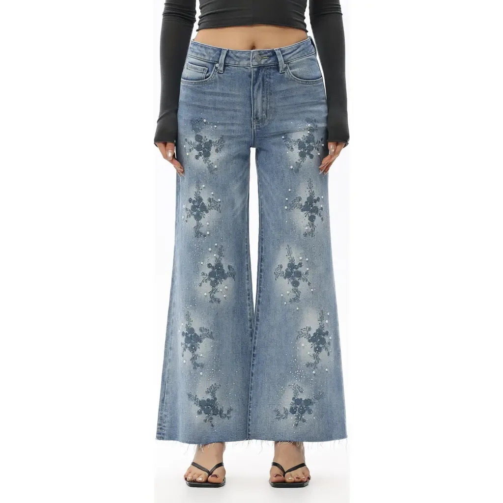 Embroidered Beaded Wide Leg Jeans by Bayeas