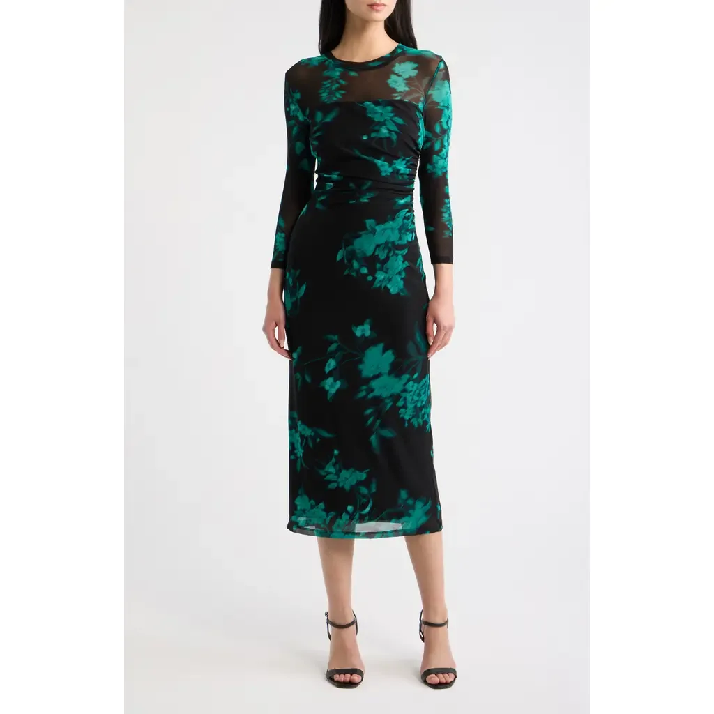 Floral Print Mesh Midi Dress by Anne Klein