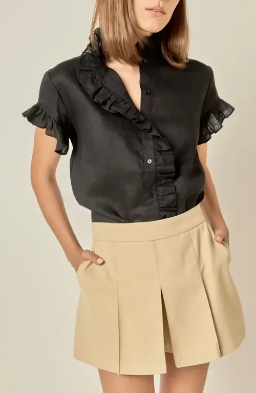 Ruffle Trim Linen Button-Up Shirt by English Factory
