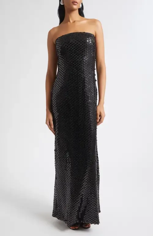 Angel Strapless Sequin Column Gown in Black Mesh