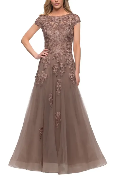 Long Tulle Gown with Intricate Lace Detailing