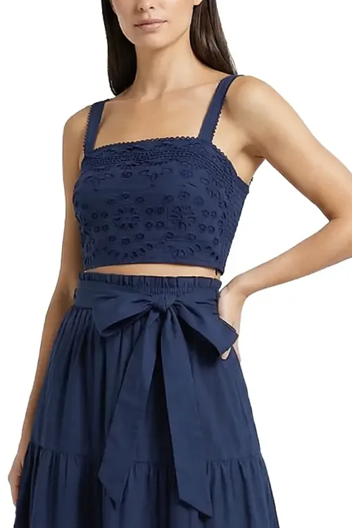 Ilyssa Eyelet Embroidered Square Neck Smocked Crop Top by Change of Scenery