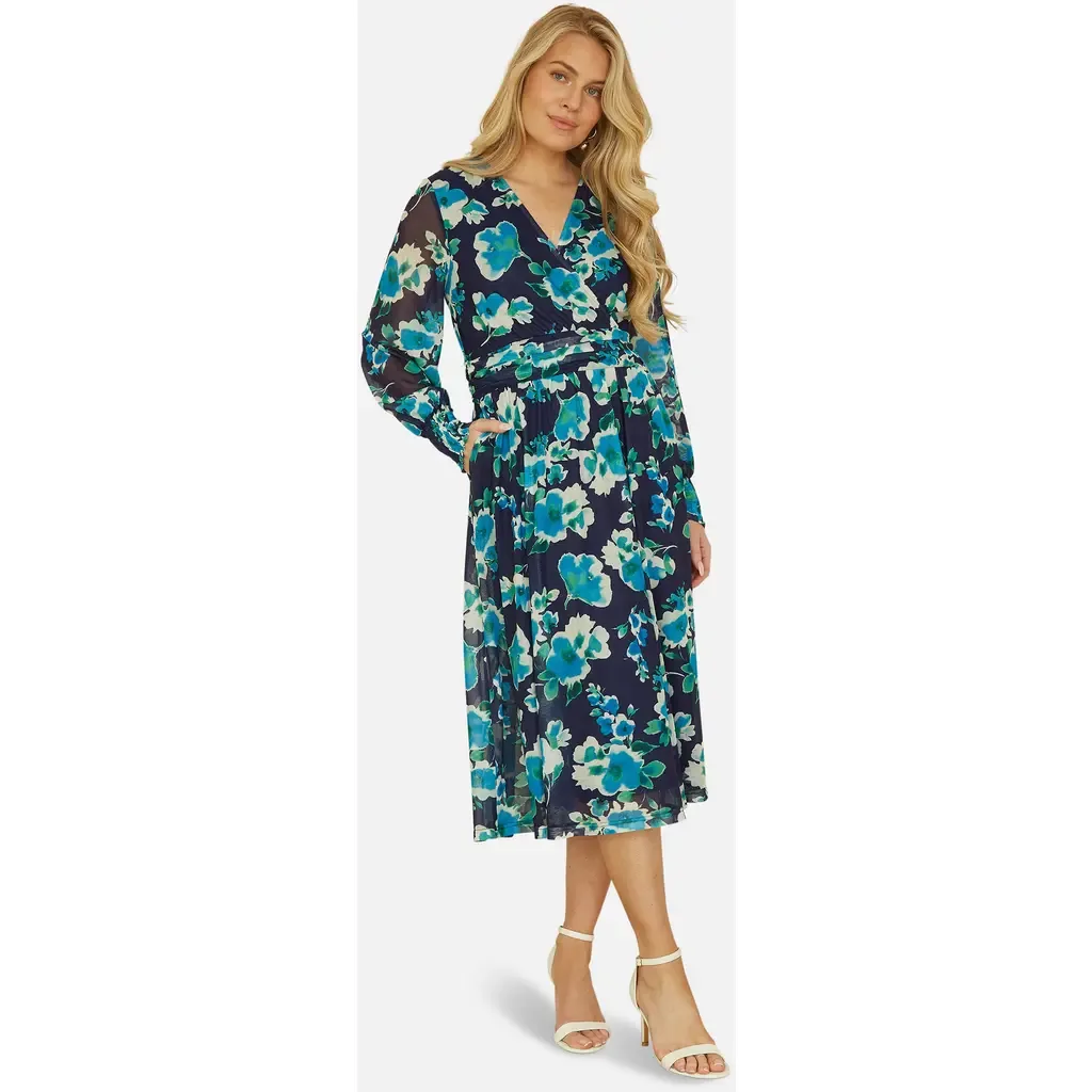 Floral V-Neck Long Sleeves Wrap Dress by Yumi