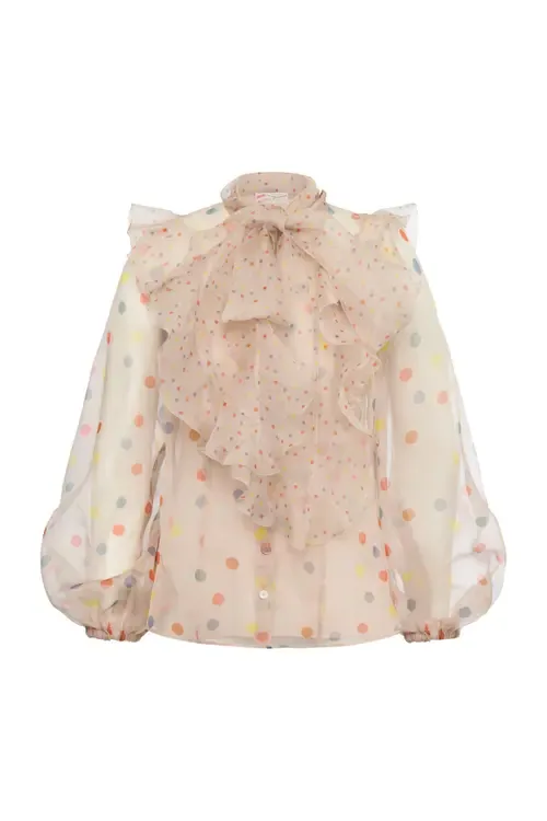Printed Silk Organza Blouse with Flounces Polka Dot Print