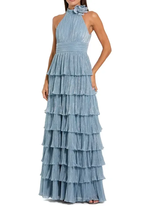 Pleated Metallic Tiered Gown with 3D Flower by Mac Duggal