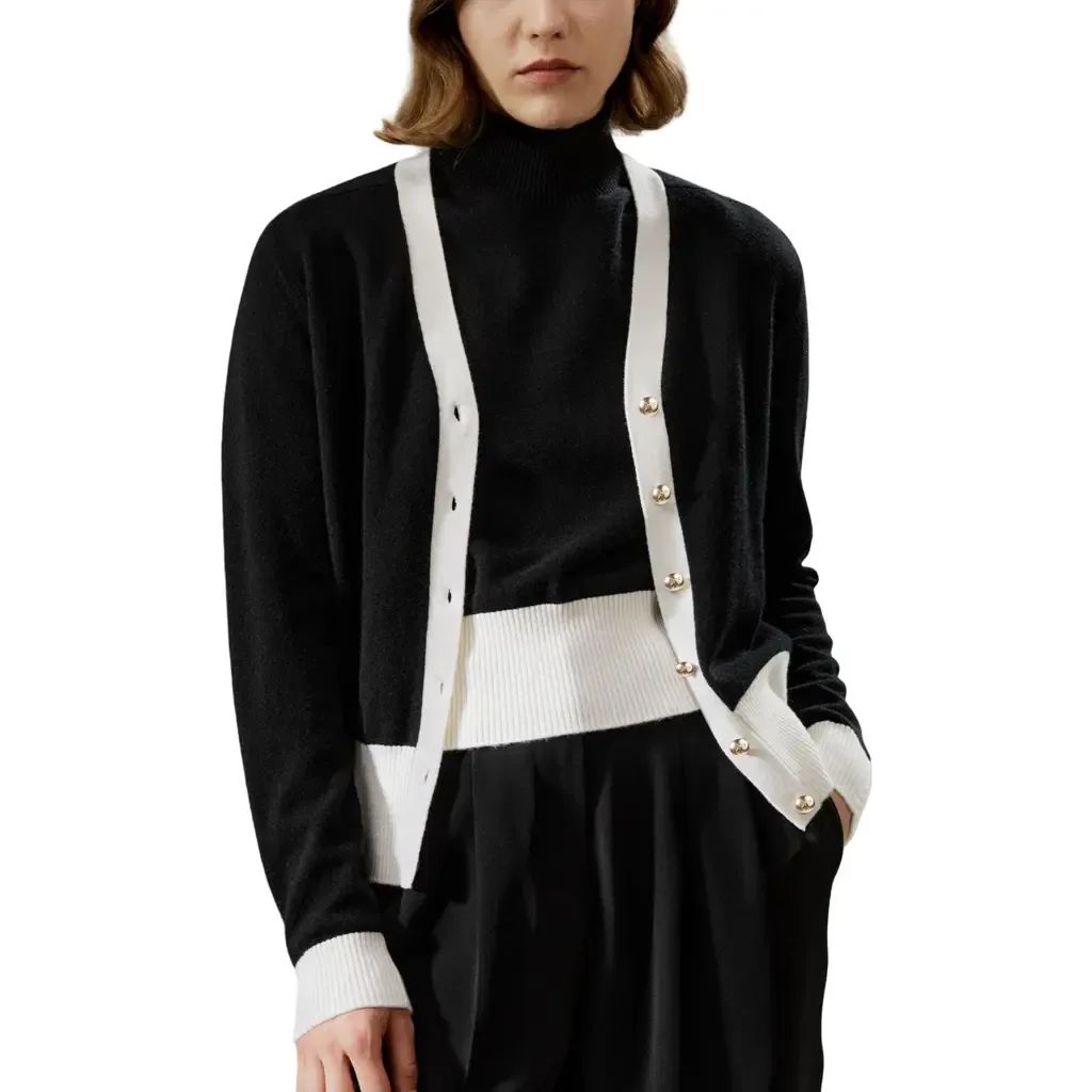 Gemini Cashmere Cardigan with Contrasting Hem by Lilysilk
