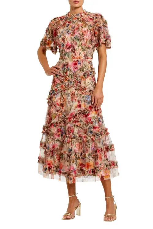 Floral Flutter Sleeve Mesh Print Dress by Mac Duggal