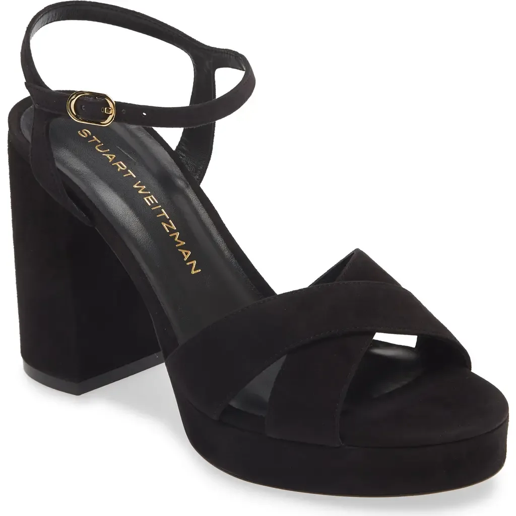 Dayna Platform Sandal in Black Suede by Stuart Weitzman