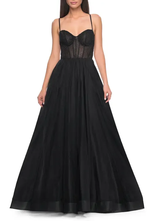 A-Line Tulle Gown with Rhinestone Fishnet Bodice by La Femme