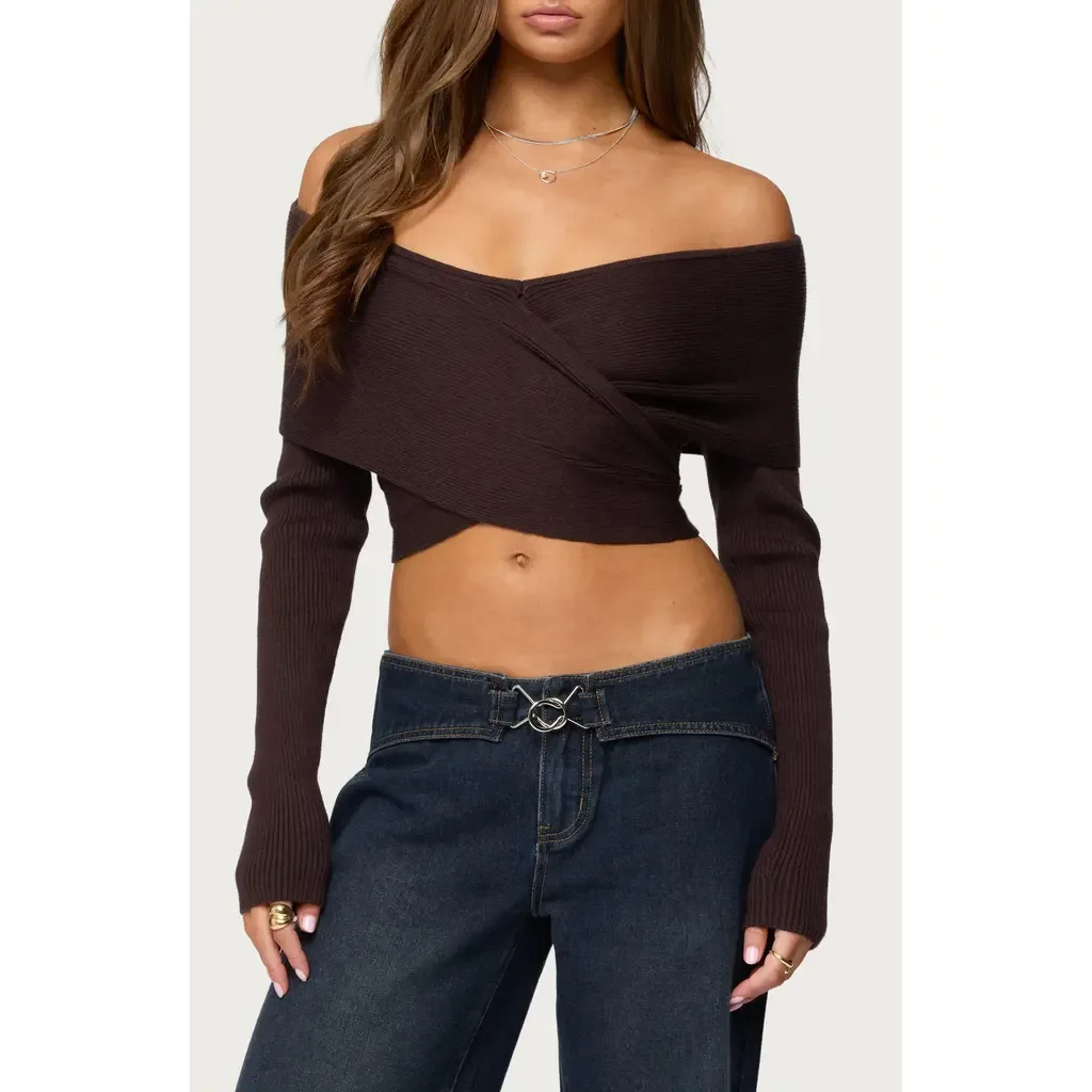 Paulina Off the Shoulder Wrap Sweater by EDIKTED