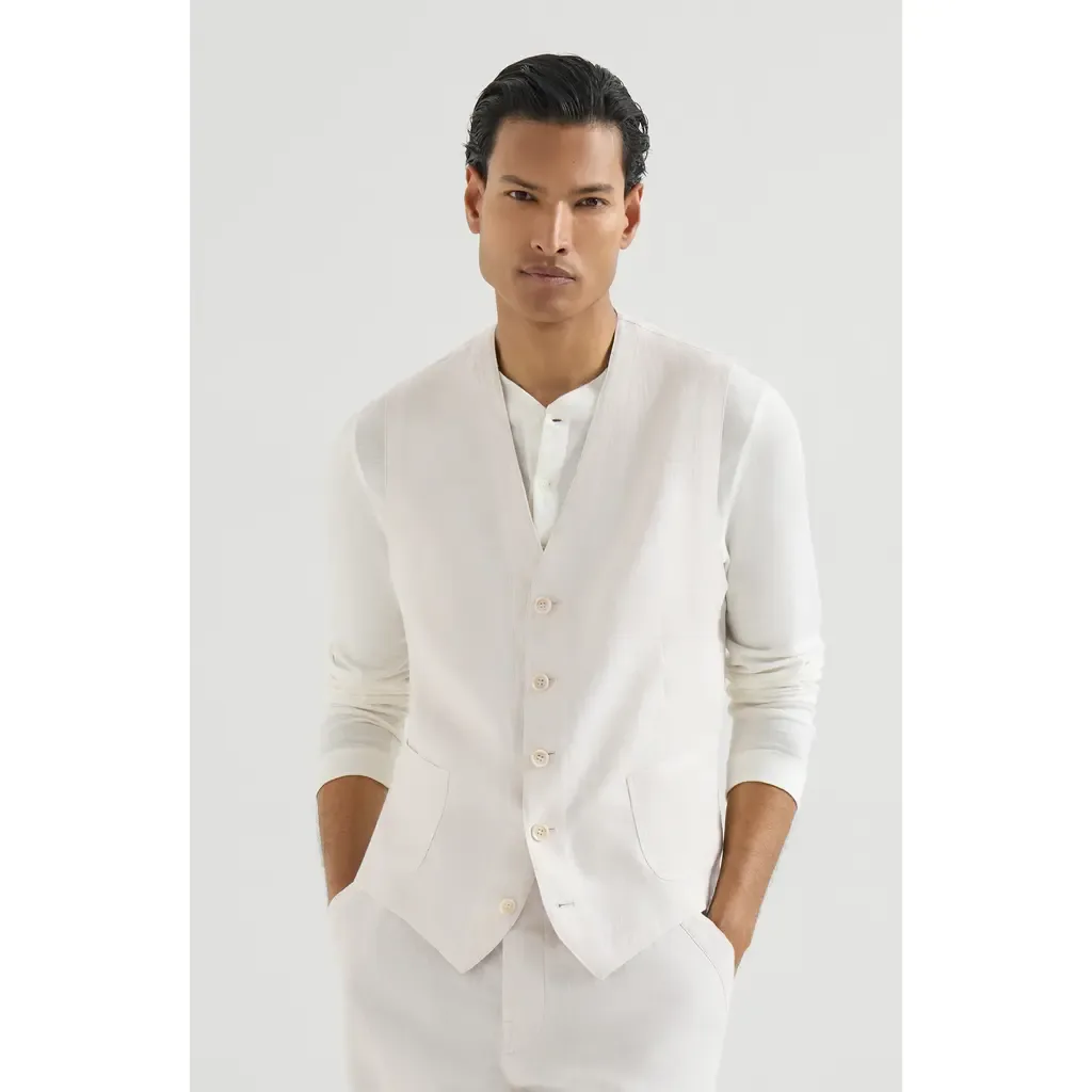 Linen Micro Chevron Waistcoat by Brunello Cucinelli