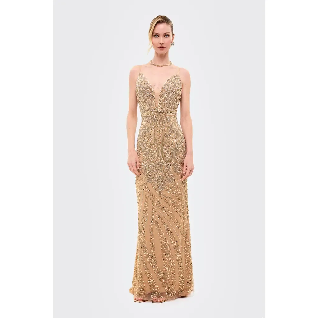 Embellished Sequin Maxi Dress with Trail by BEAUUT