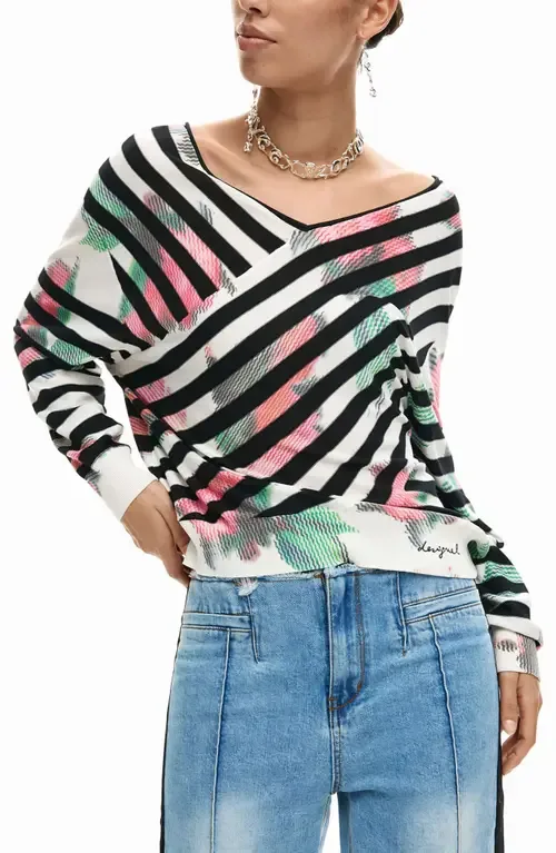Stripe Fine Gauge Surplice Neck Sweater by Desigual