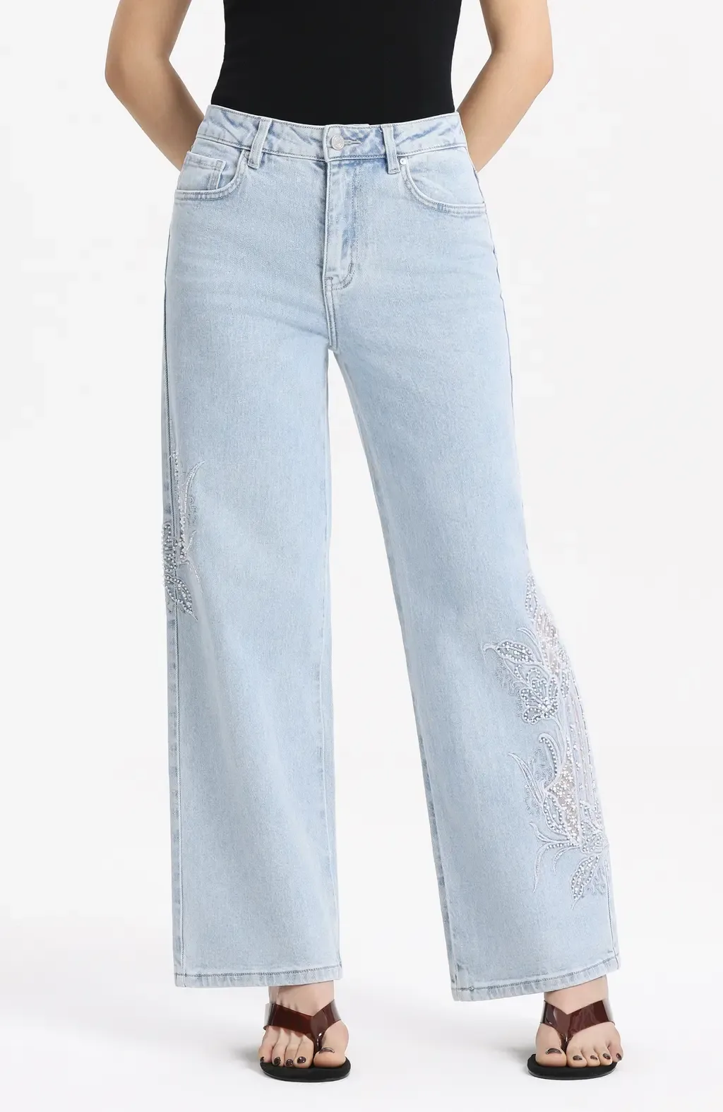 Embroidered High Waist Relaxed Straight Leg Jeans