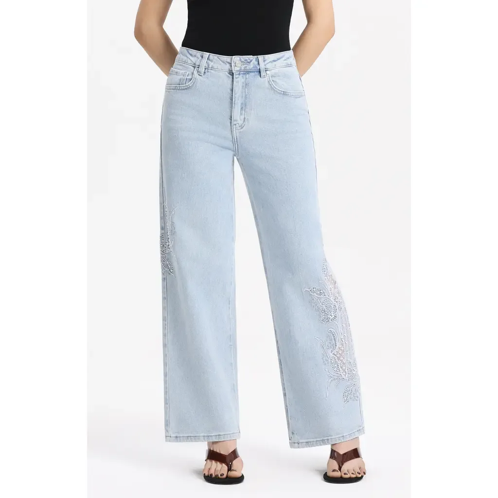 Embroidered High Waist Relaxed Straight Leg Jeans by Bayeas