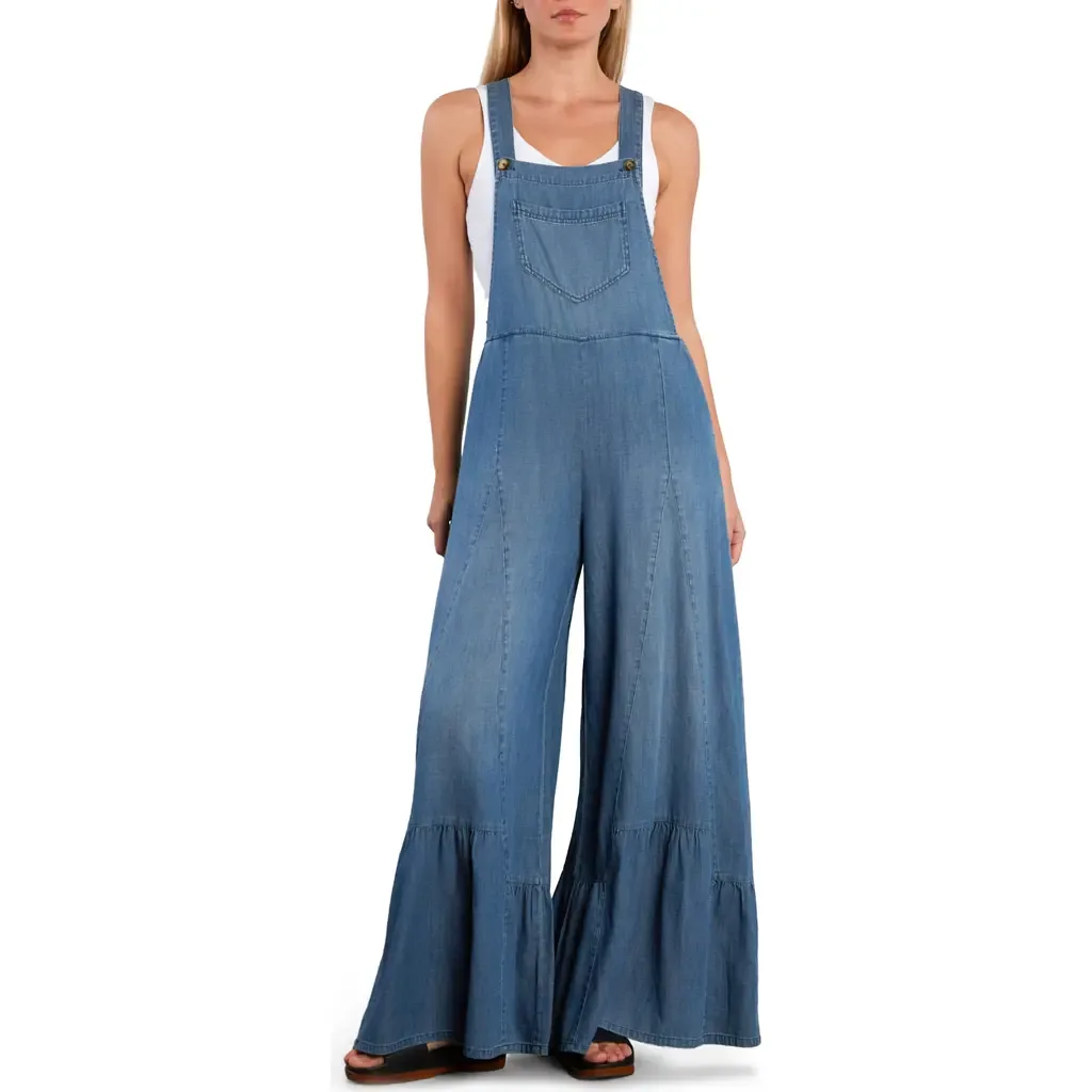 Butterfly Ruffle Leg Cotton Blend Overalls