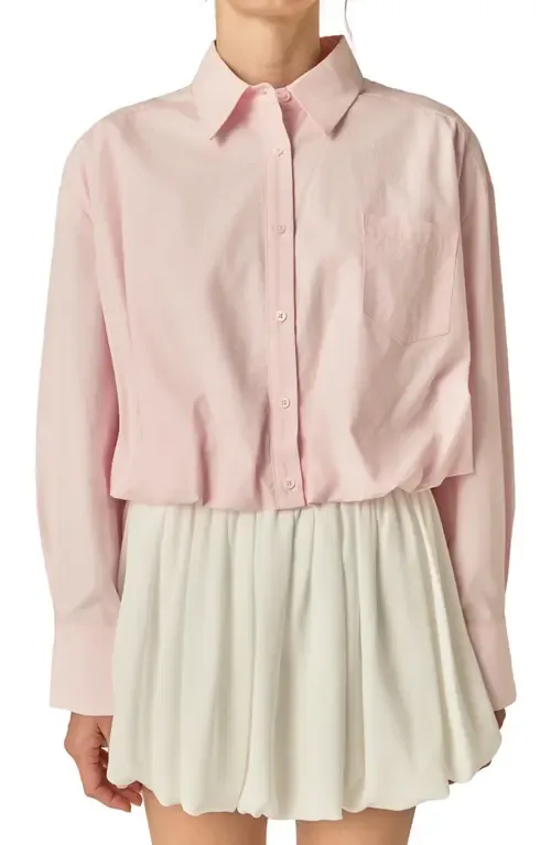 Long Sleeve Bubble Hem Cotton & Lyocell Button-Up Shirt by English Factory