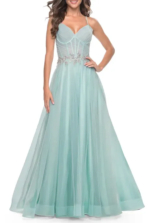 A-Line Prom Gown with Ruched Bodice and Rhinestone Belt Detail by La Femme
