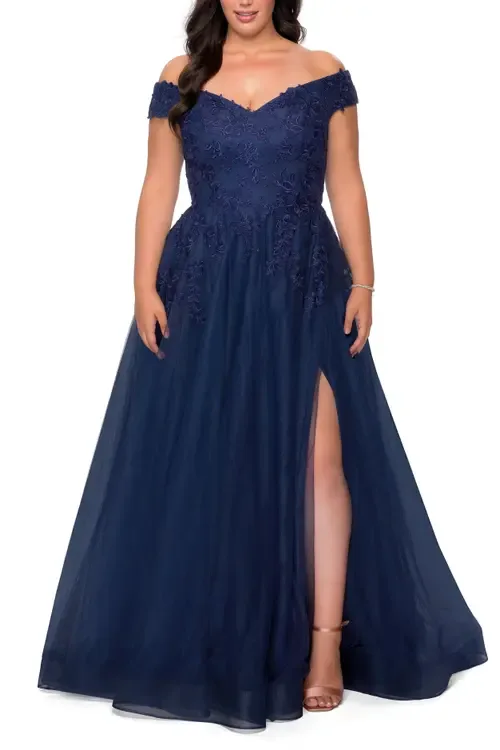 Off the Shoulder Tulle Gown with Lace by La Femme
