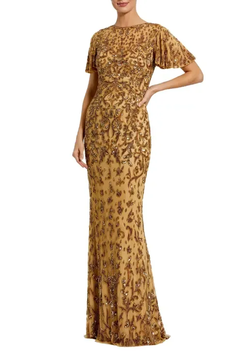 Embellished High Neck Flutter Sleeve Gown