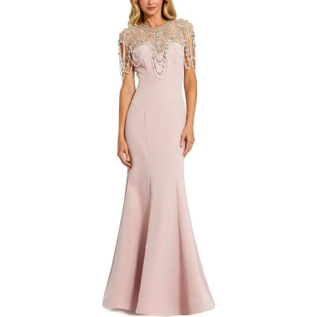 Draped Pearl Beaded Crepe Mermaid Gown