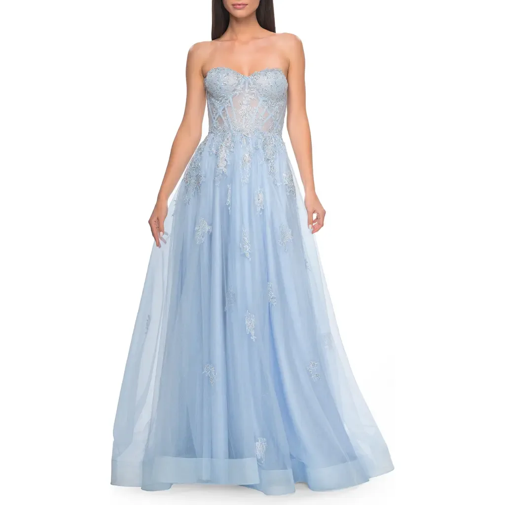 Gorgeous Lace A-Line Dress with Rhinestone Lace Details by La Femme